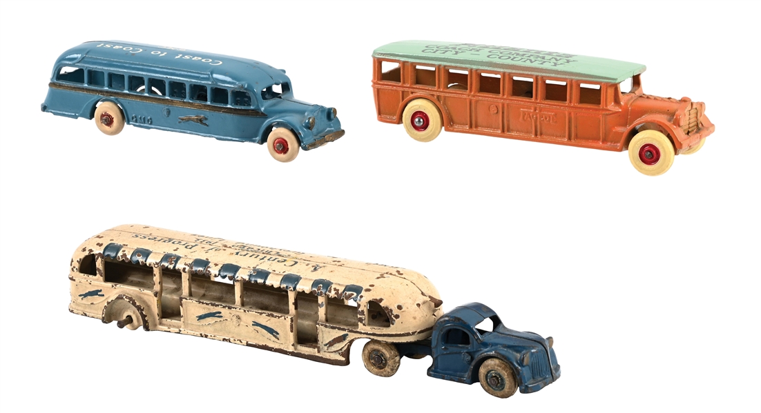 LOT OF 3: ARCADE MFG. CO. CAST IRON GMC GREYHOUND LINES AND ATLANTA COACH CO. BUSES