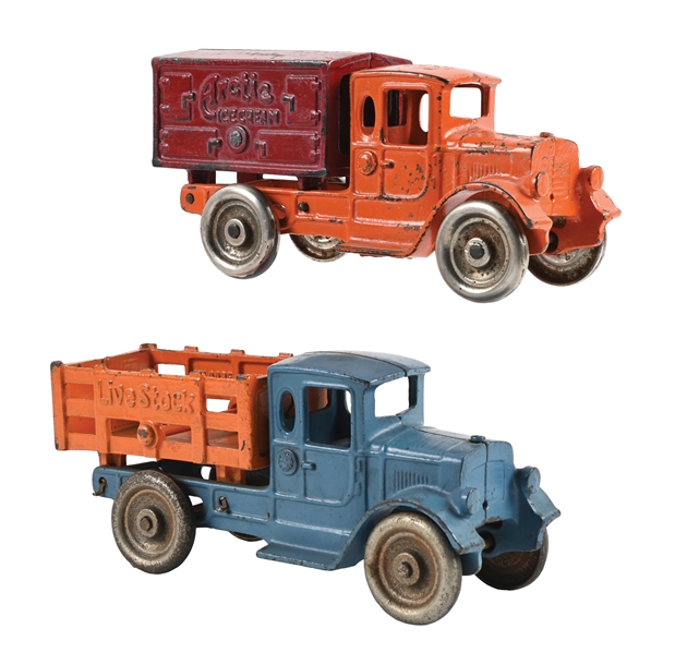LOT OF 2: CAST IRON ARCTIC ICE CREAM AND LIVESTOCK TOY TRUCKS