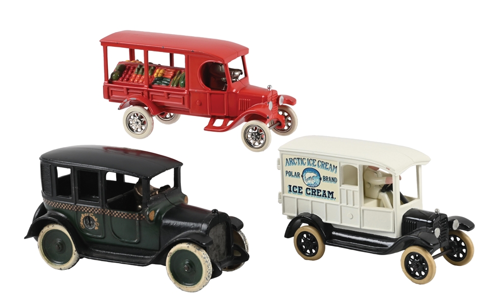 LOT OF 3: REPRODUCTION ARCADE GREEN CHECKERED CAB AND MOTORCADE PRODUCE DELIVERY AND ICE CREAM TOY TRUCKS