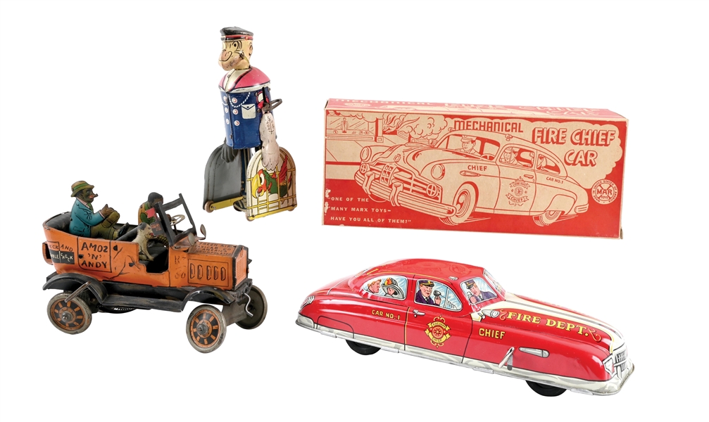 LOT OF 3: LOUIS MARX TIN WIND UP POPEYE WITH PARROT, AMOS-N-ANDY AND FIRE CHIEF CAR W/ BOX