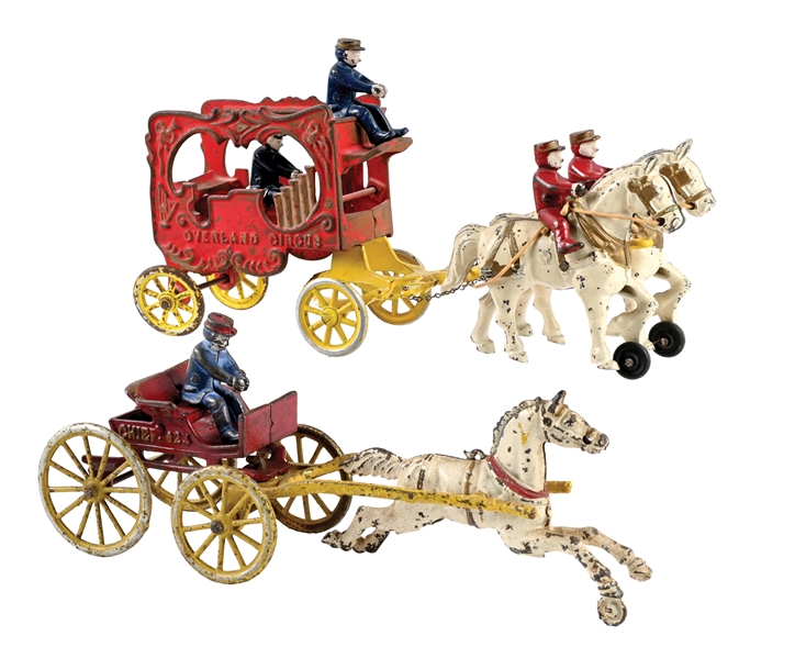 LOT OF 2: ANTIQUE CAST IRON HORSE-DRAWN CHIEF: 624 CART AND OVERLAND CIRCUS CARRIAGE