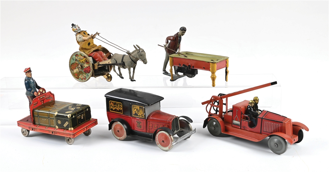 LOT OF 5: VARIOUS ANTIQUE FRENCH AND GERMAN MADE TIN LITHO TOYS