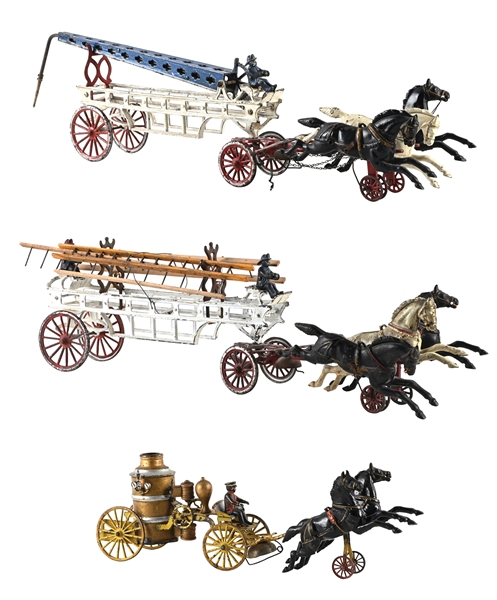 LOT OF 3: ANTIQUE CAST IRON HORSE-DRAWN FIRE PUMPER AND LADDER TRUCKS