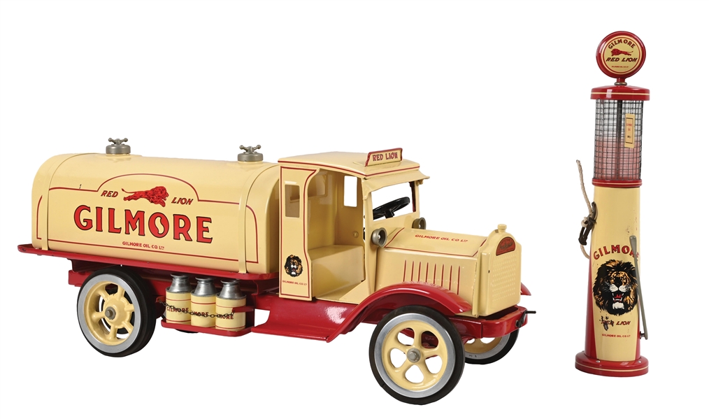 LOT OF 2: GILMORE OIL CO. LTD. RED LION PRESSED STEEL TOY TANKER AND GAS PUMP
