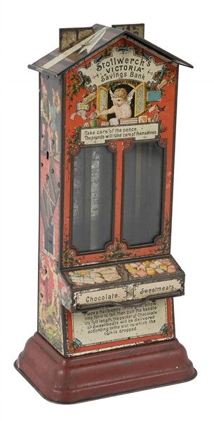 STOLLWERCK "VICTORIA" GERMAN TIN LITHO SAVINGS BANK AND CHOCOLATE DISPENSER