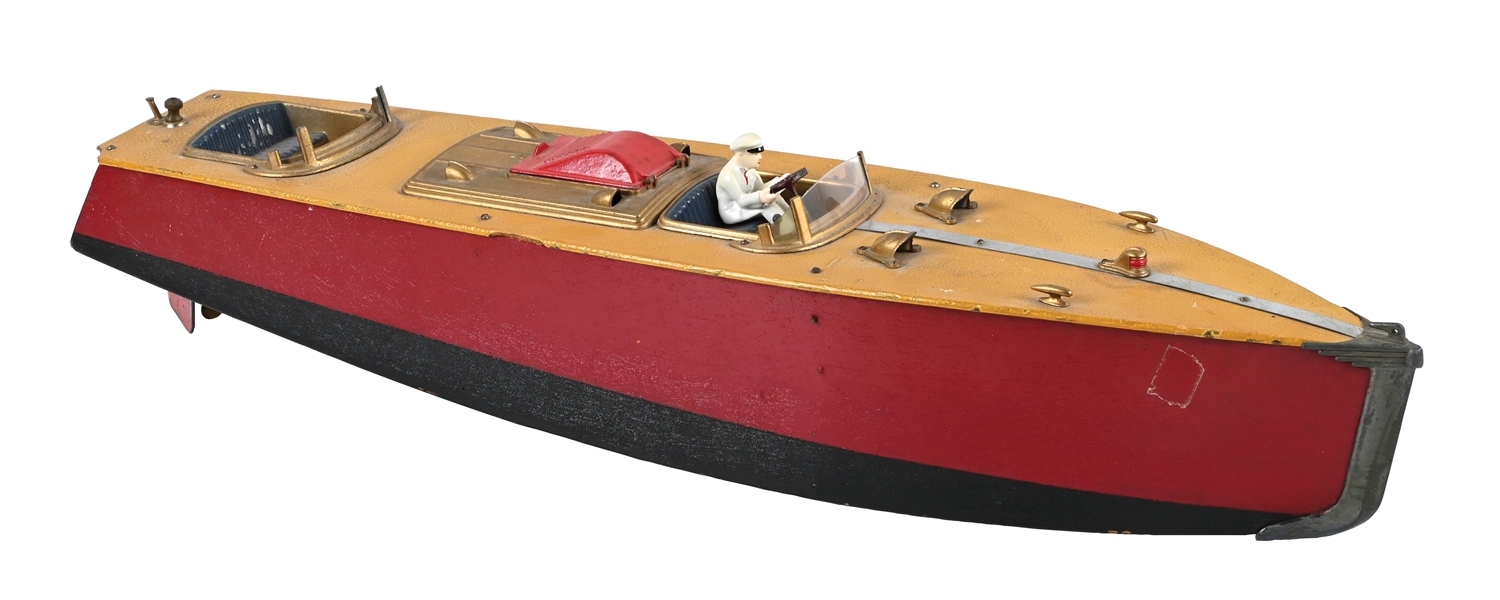VINTAGE WOODEN ORKIN TOY SPEEDBOAT WITH YELLOW/RED HULL AND DRIVER