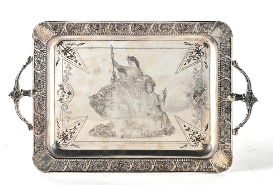 DECORATIVE HANDLED SILVER PLATED SERVING TRAY
