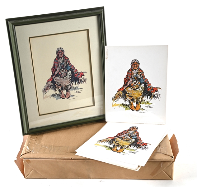 LOT OF APPROXIMATELY 325 "APACHE SQUAW" ART PRINTS BY FRED HARMAN W/ 20 SMALLER FORMAT & 1 PROFESSIONALLY FRAMED