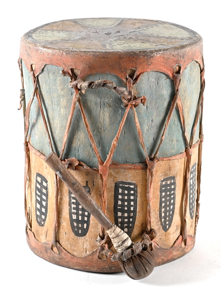 PUEBLO-STYLE DRUM WITH DRUMSTICK