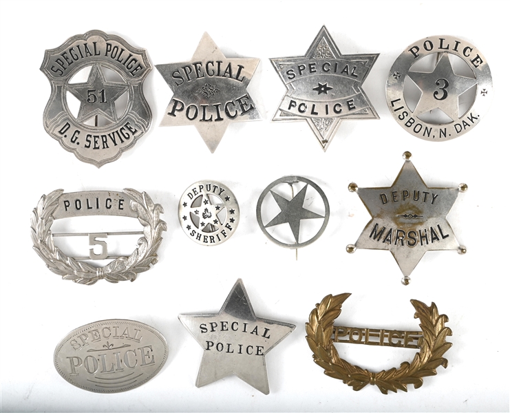 LOT OF ANTIQUE WESTERN STYLE POLICE BADGES