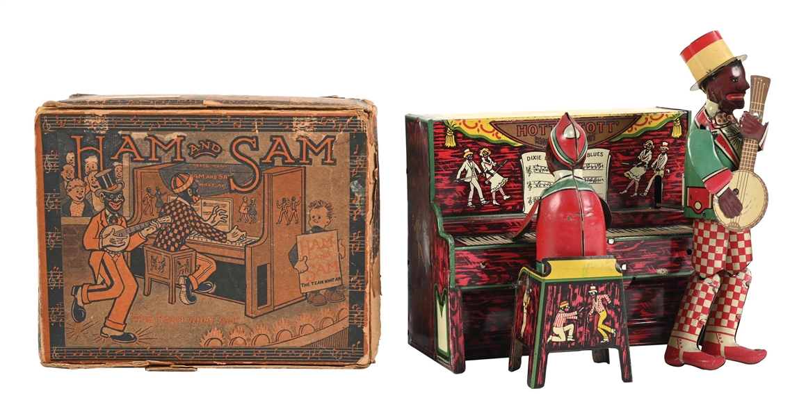 FERDINAND STRAUSS CORP. “HOTT AN’ TOTT” TIN-LITHOGRAPHED WIND-UP TOY WITH “HAM AND SAM” BOX