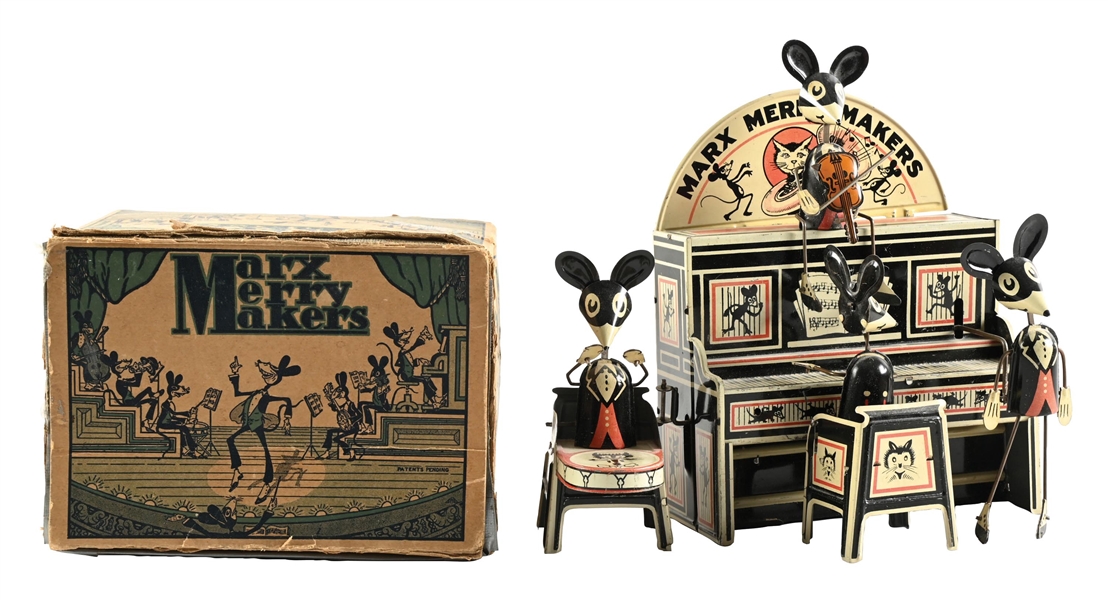  LOUIS MARX & CO. “MERRY MAKERS” TIN-LITHOGRAPHED WIND-UP MOUSE BAND WITH MARQUEE AND ORIGINAL BOX