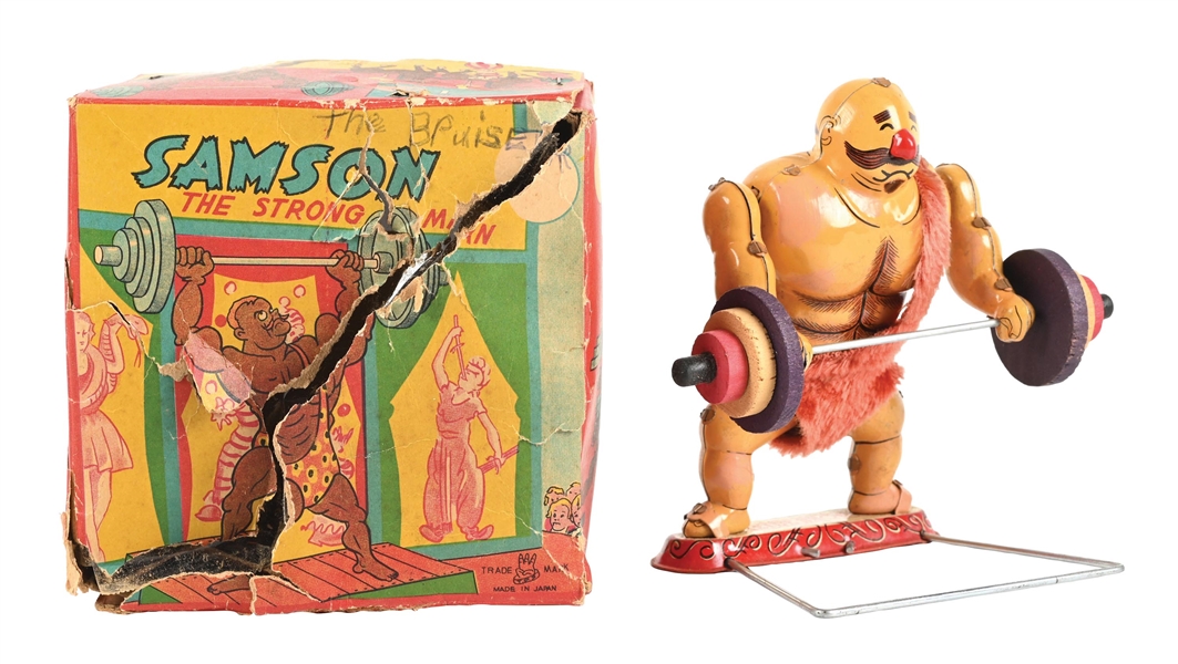 TPS  “SAMSON THE STRONG MAN” TIN-LITHOGRAPHED WIND-UP TOY WITH ORIGINAL BOX.