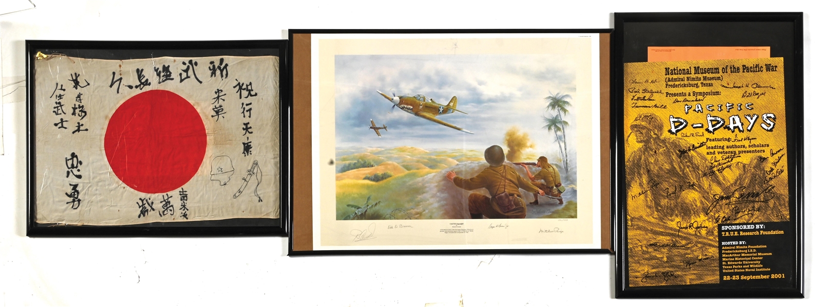 LOT OF 3: WWII PRINT, SIGNED POSTER, AND JAPANESE FLAG. 
